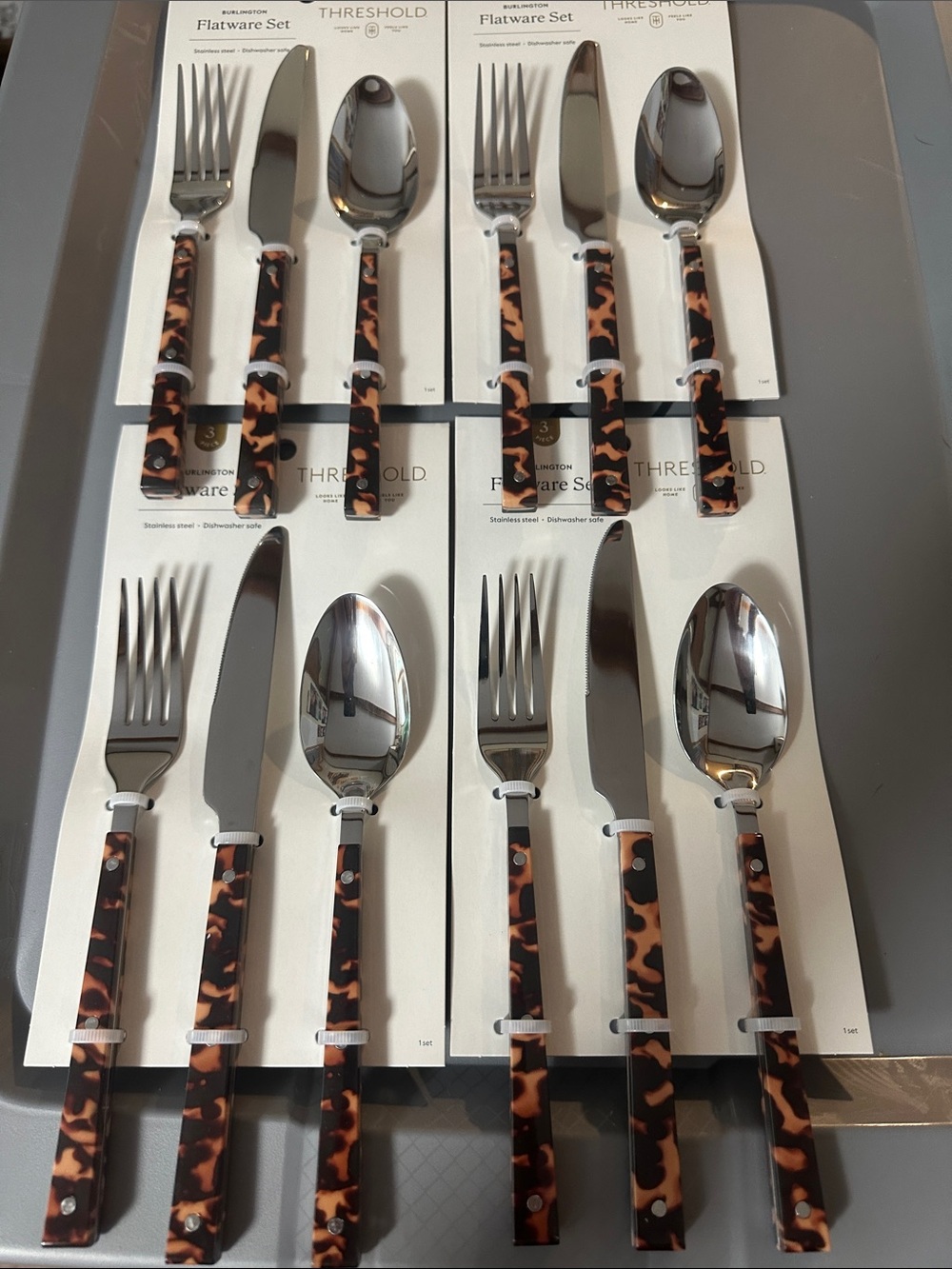 THRESHOLD Three-Piece Tortoise Shell Flatware Set Stainless Steel: new: LOT OF 4